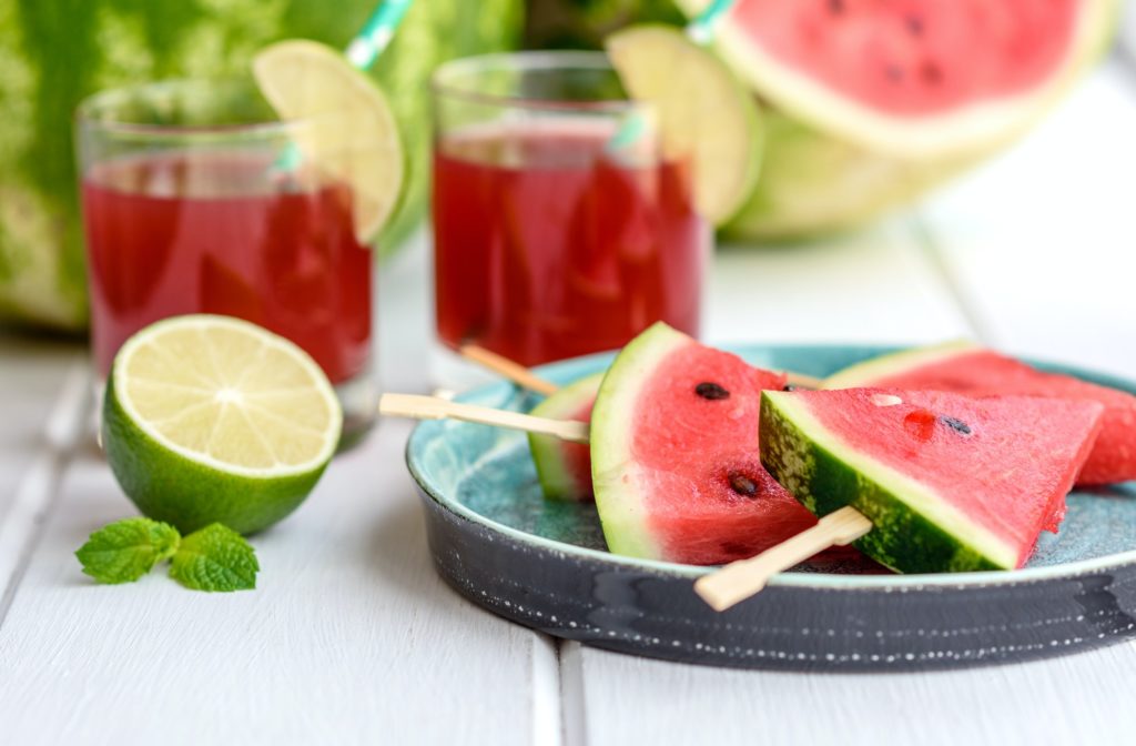 Fresh delicious watermelon sliced with mint and watermelon juice