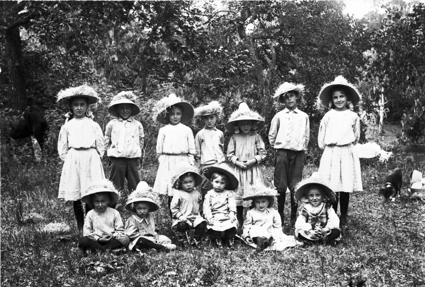 Picknickers wearing wide-brimmed hats trimmed with Spanish moss. Members of the Peter Jud and Henry Wosnig families, on Salado Creek south of San Antonio, c. 1910
Janice B. Schwab and Adele J. Steiger, New Braunfels, Texas
UTSA Special Collections