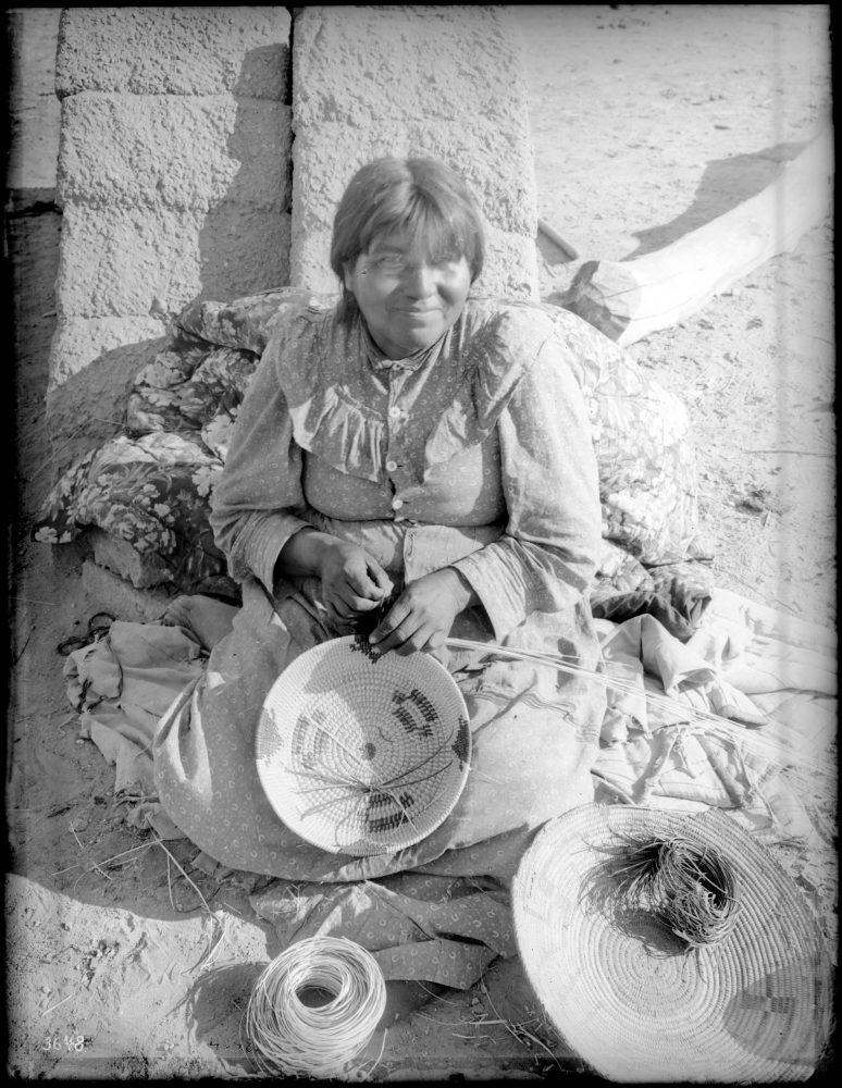 Pima Indian woman, Etta Morgan, making a basket
Arizona, ca.1900
Public Domain
University of Southern California. Libraries and California Historical Society 
Digitally reproduced by the USC Digital Library. 
http://doi.org/10.25549/chs-m16258